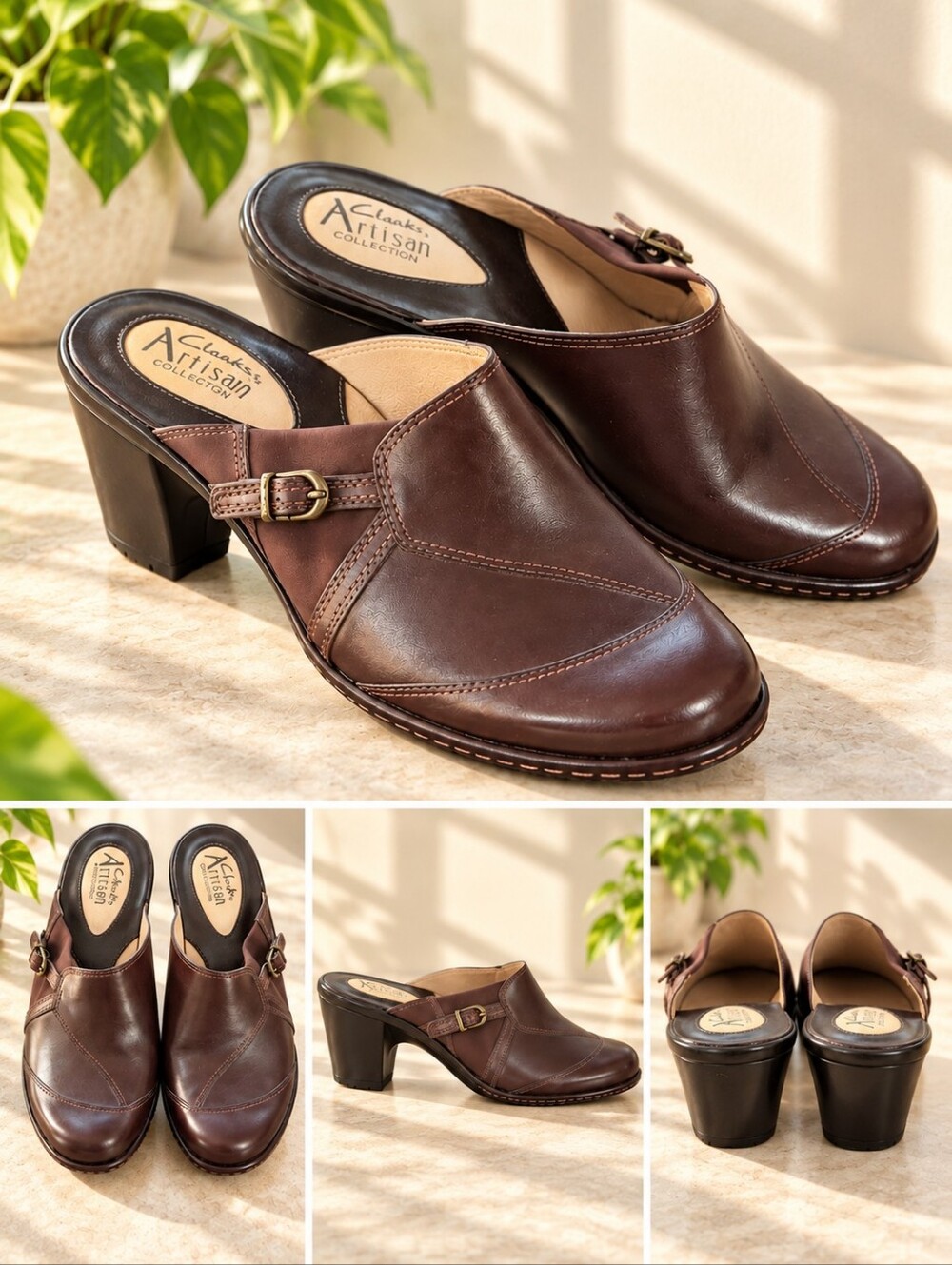 NWOB Clarks Artisan Brown Leather Mule Clogs 9.5 Buckle Block Heel Academia